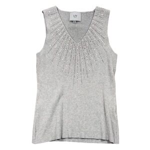 Liv Milano Rayon Blend Ribbed Sleeveless V-Neck Rhinestone Embellishment Top